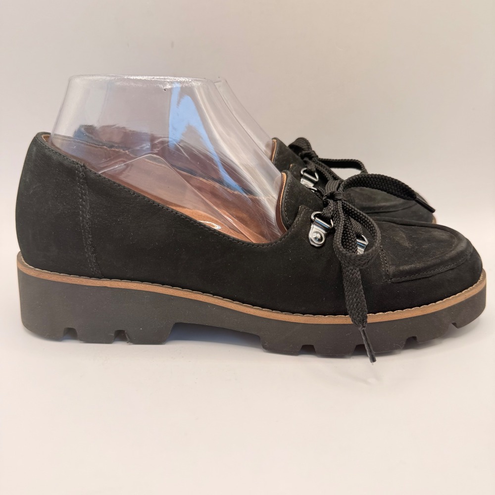 Vionic Teagan Black Suede Lug Sole Platform Loafers Womens Size 7 Moc Toe Lace - Picture 1 of 9